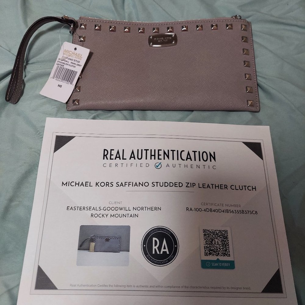 Michael Kors Saffiano Studded Zip Leather Clutch